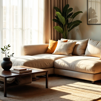 A modern living room consisting of a sofa, coffee table, and plant
