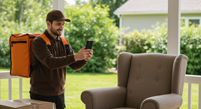 Delivery person taking a picture of an armchair