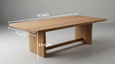 Table showing width, depth, and height