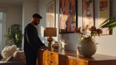A man arranging the position of a vase on a wall unit.