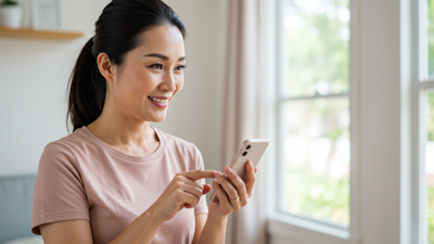 A woman replying to a message on her phone, smiling