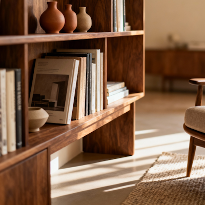 A wooden bookshelf with books and other decor