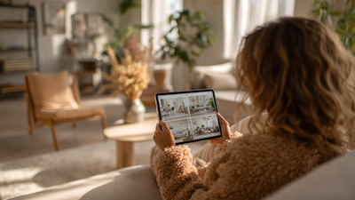 Woman browsing for second-hand furniture on their iPad while sat on their sofa
