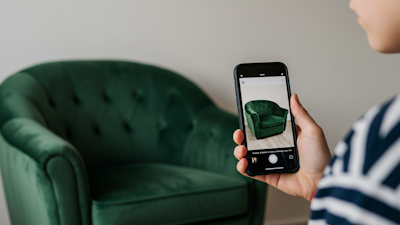 Woman taking a photo of an emerald green armchair using their phone
