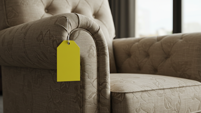 A turquoise armchair with a price tag attached