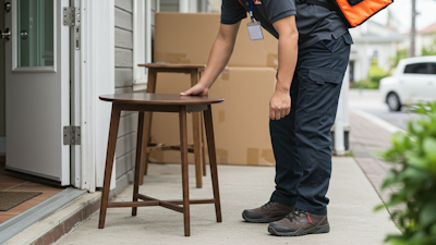 Delivery man picking up a table from a doorstep