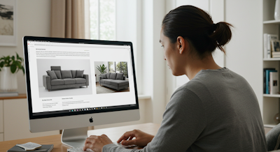 Man reviewing a sofa listing against what the buyer received