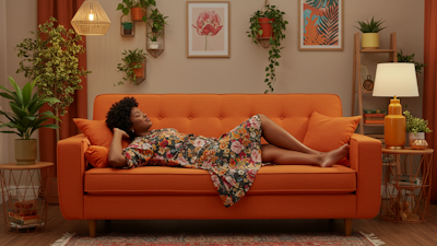 Happy lady lying on an orange sofa, surrounded by home decor and plants